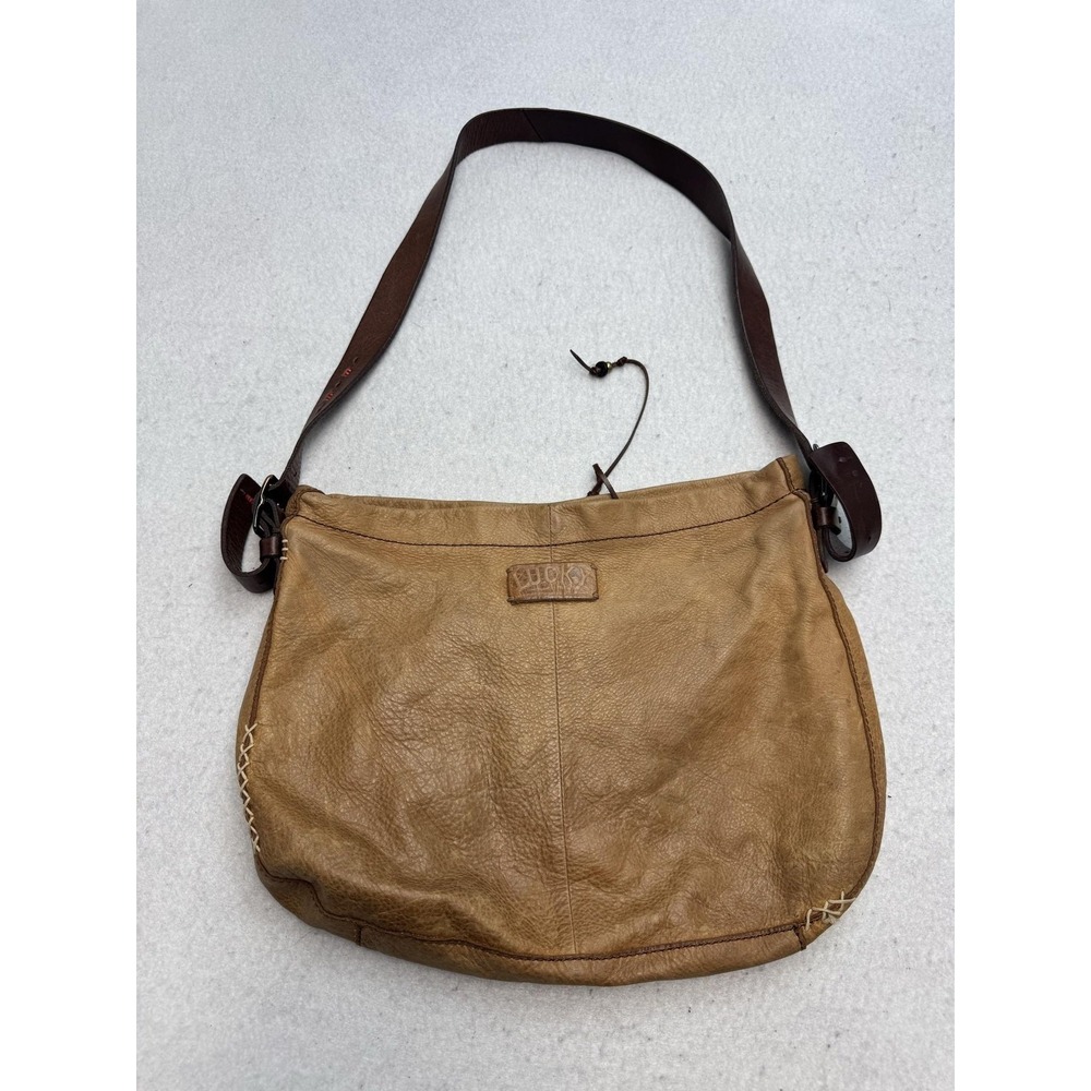 Lucky Brand Hobo Bag Womens Medium Tan Leather Whipstitch Shoulder Boho Purse‎